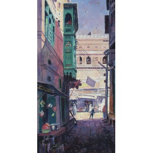 Ghulam Mustafa, Green Balkoni in Dark Street, 24 x 48 Inch, Oil on Canvas, Cityscape Painting, AC-GLM-011